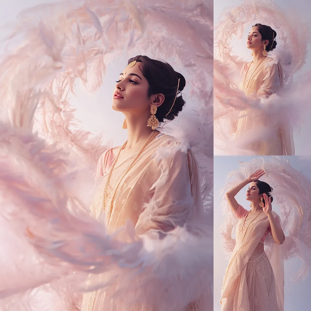 Dreamy Feather Spirals Aura Around Pastel Saree