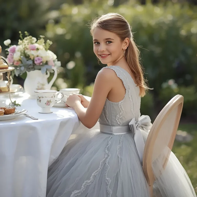 Beautiful Girl In Silver Organza Party Dress At Tea Party | Sweet Girl Elegantly