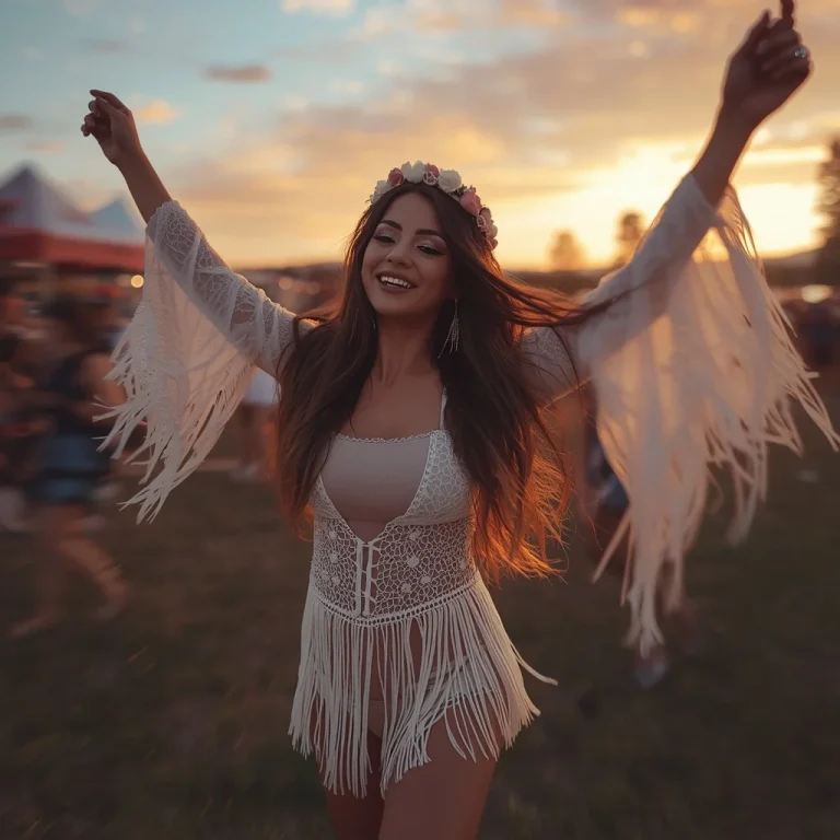 Bohemian Rhapsody Lace and Fringe Dress at a Music Festival | trending ai prompt
