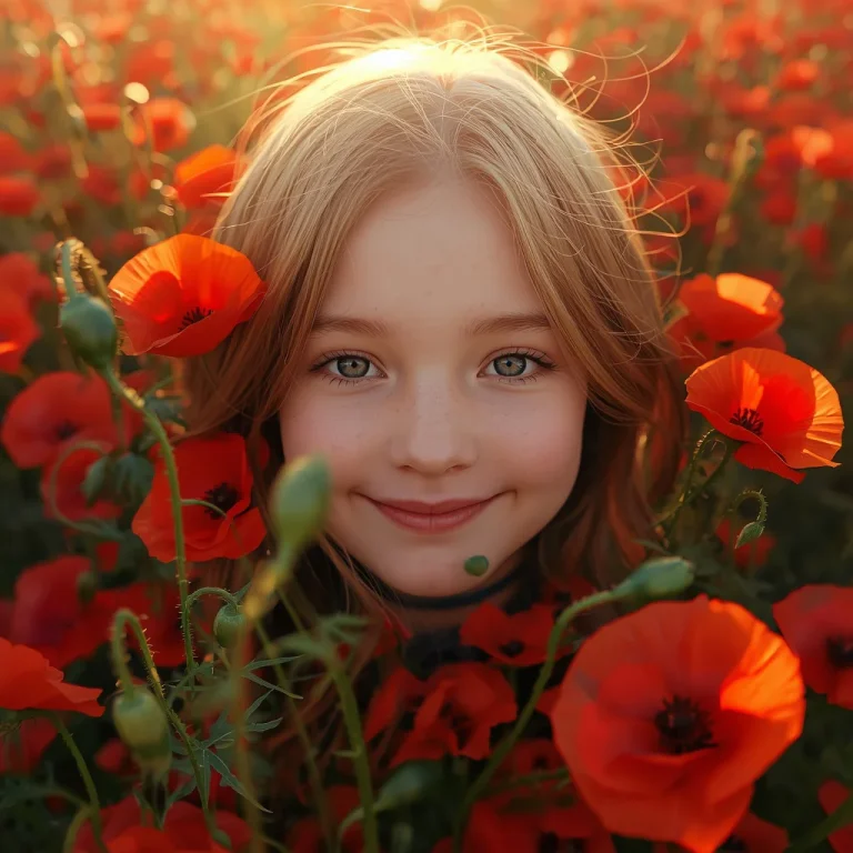 Golden Hour Dreamer: A Cute Girl’s Radiant Smile Among Poppies | Best Girl Prompt
