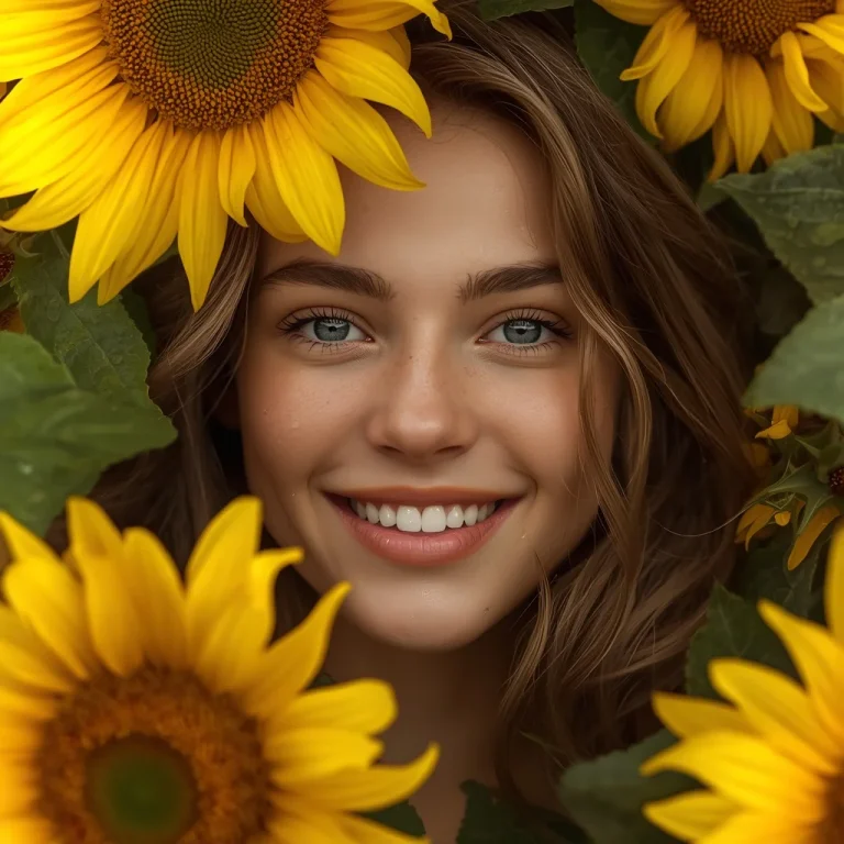 Golden Hour Gaze: A Beautiful Girl’s Radiant Smile Among Sunflowers | Girls Online Prompt