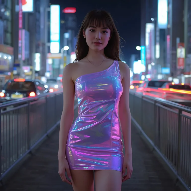 Holographic Cyberpunk Party Dress City Night Portrait | Girl Futuristic Party