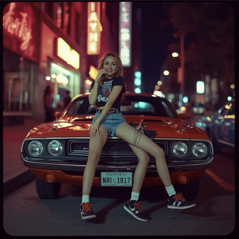 Retro Night Out: A Cute Girl and Her Classic Car in a Neon-Lit City | Cute Girls Prompt
