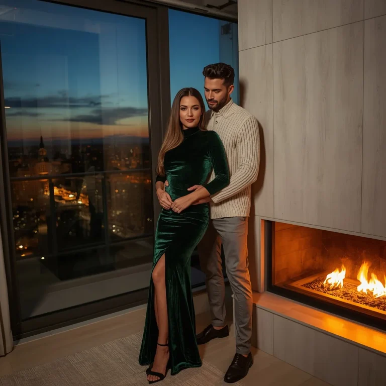 Romantic Couple In Elegant Attire Sunlit Luxury Penthouse | Romantic Prompt