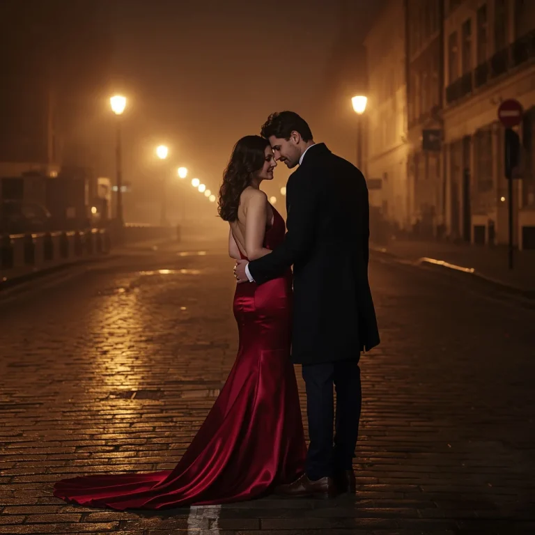 Romantic Couple In Sophisticated Outfits Misty London Street | Romantic Prompt