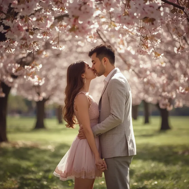 Romantic Couple Kissing Under Cherry Blossoms, Spring Park | Romantic Couple Sharing