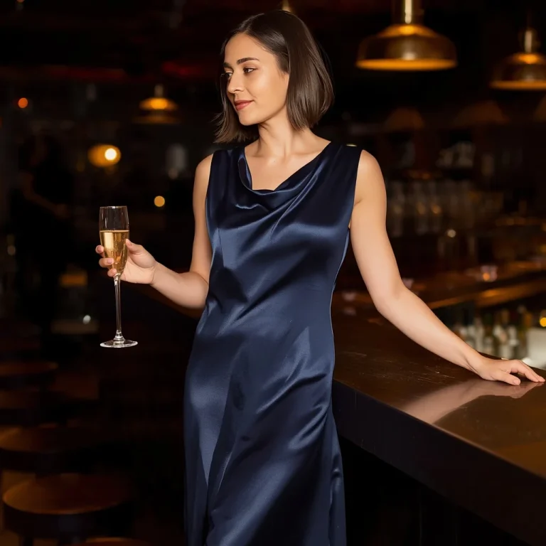 Sophisticated Navy Blue Silk Midi Dress with a Cowl Neck | prompt generator
