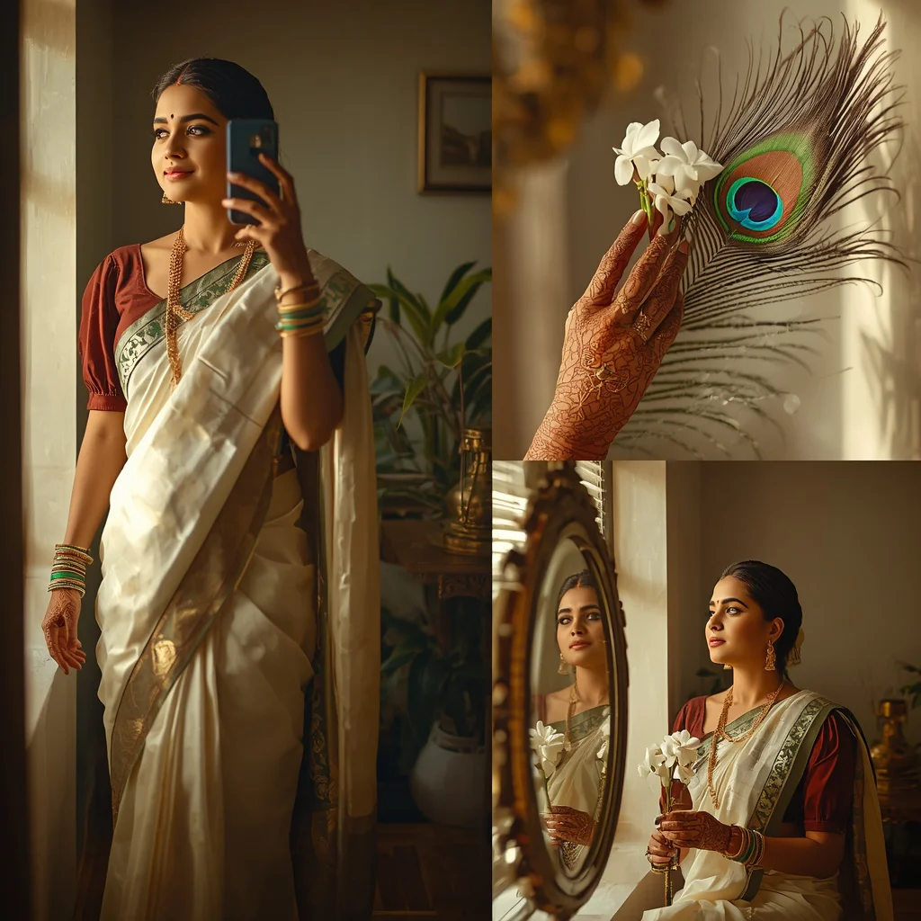 Traditional Indian Aesthetic: Elegant Kasavu Saree Collage | Warm Elegant Traditional